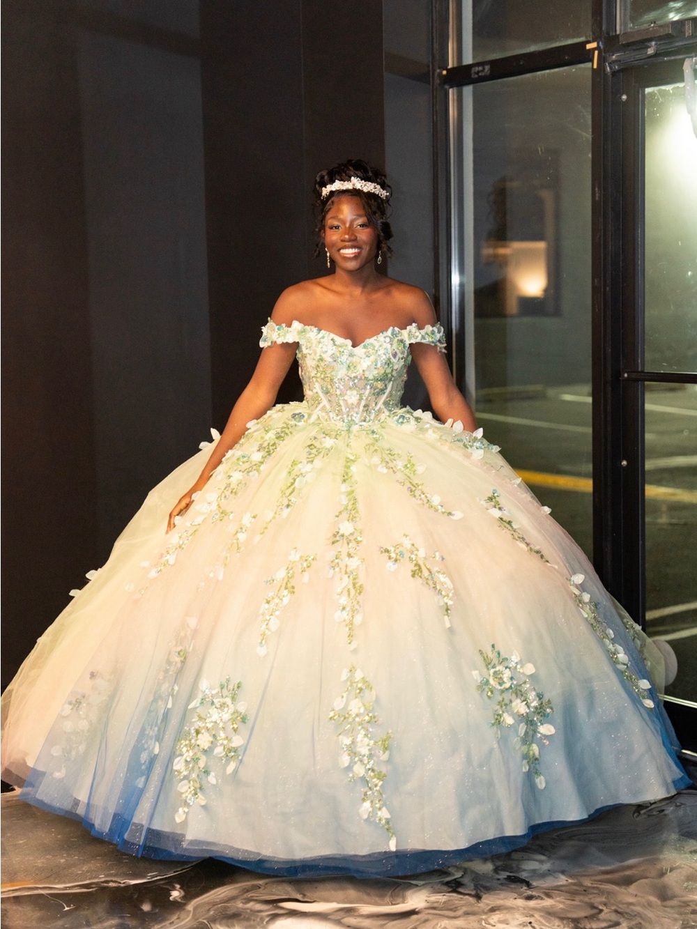 Ivory and Mint Off-Shoulder Ball Gown